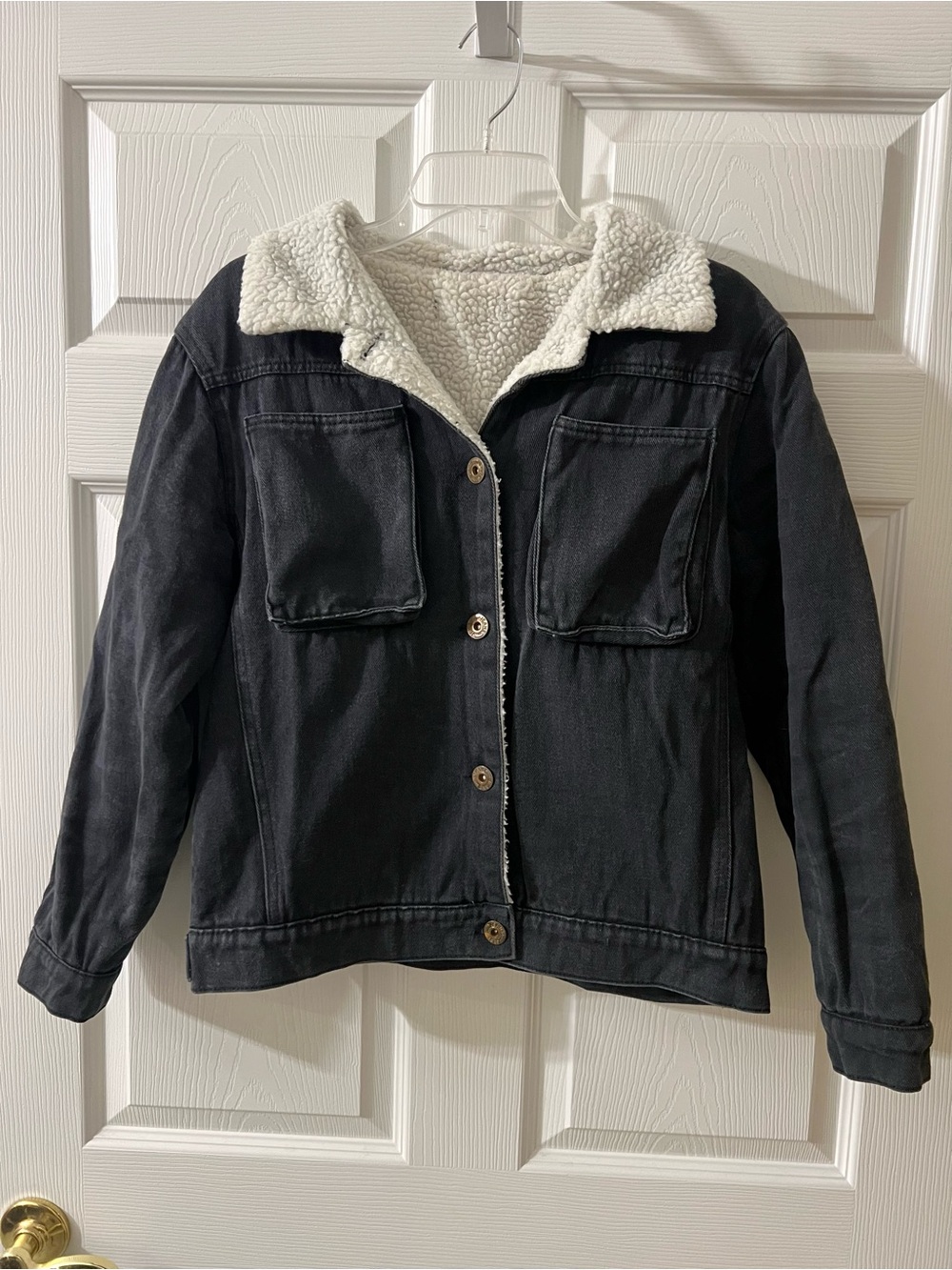 Black Sherpa-Lined Denim Jacket with Cream Collar
